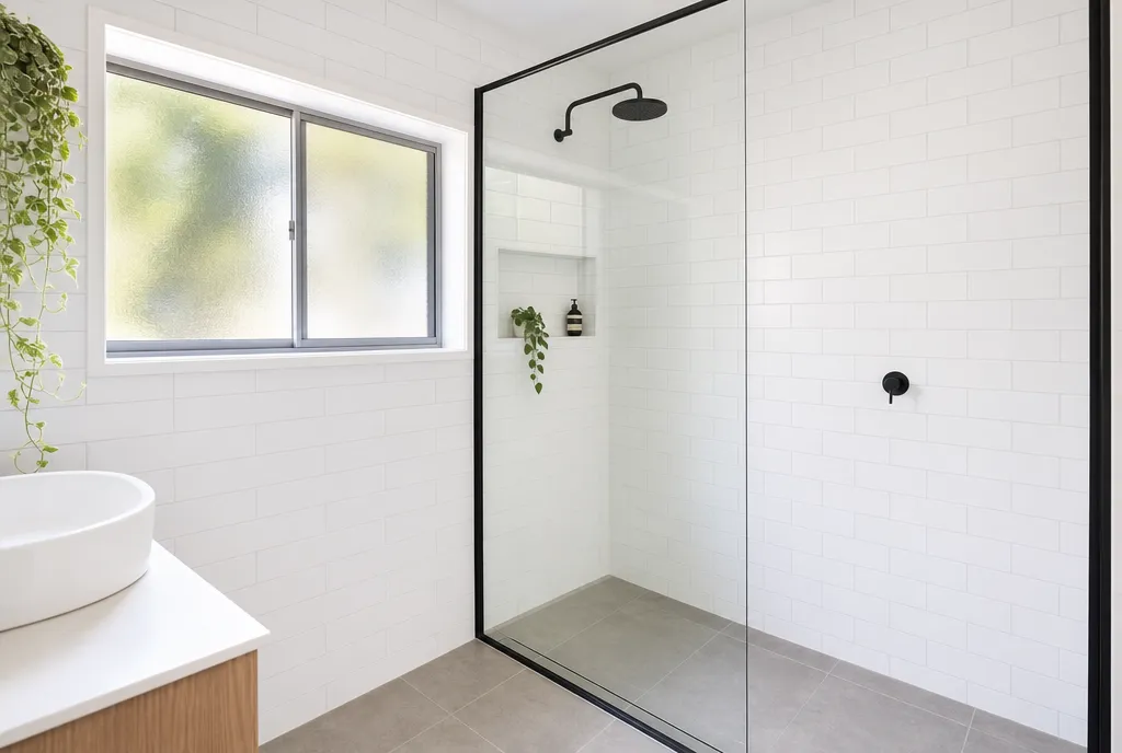 Regrouted white subway-tile shower with black tapware