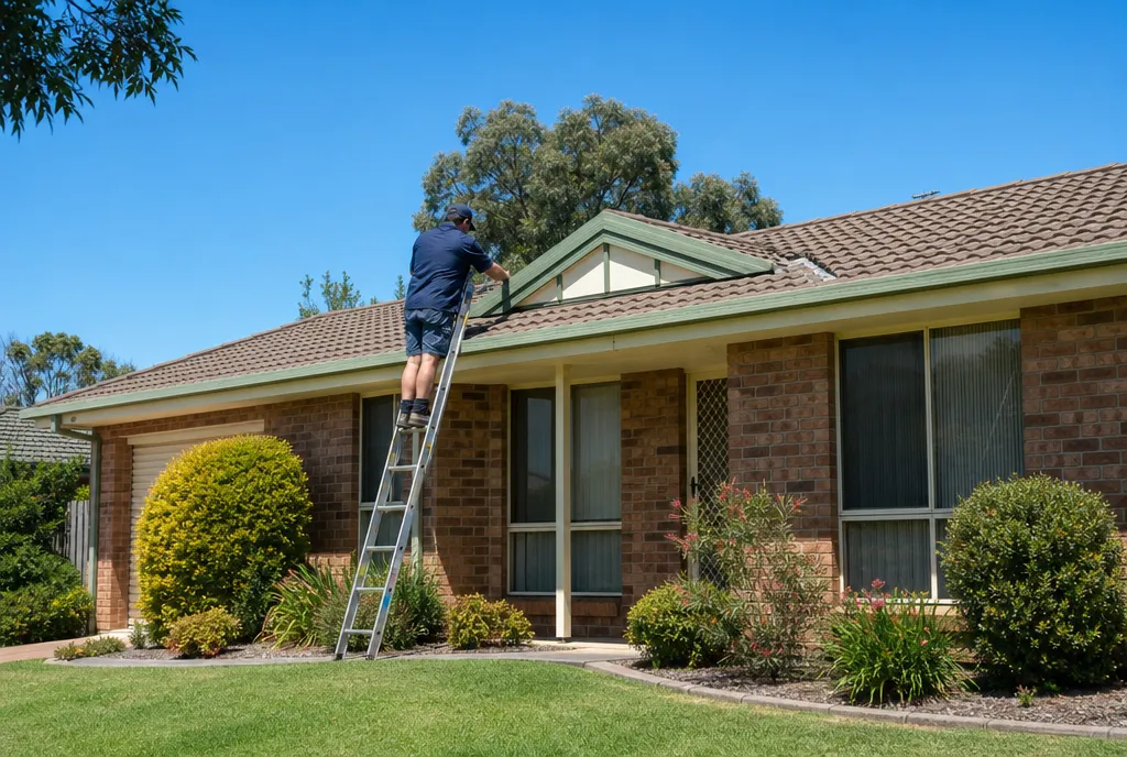 Handyman on a ladder clearing the gutters of a brick home