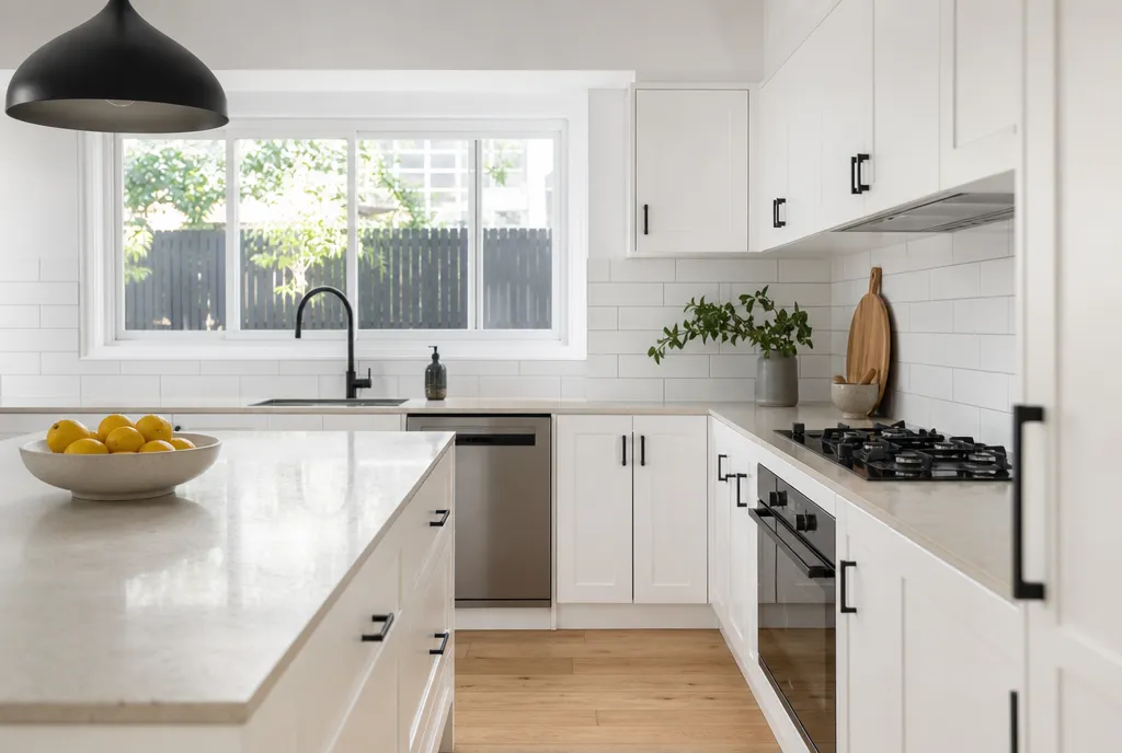 Updated white kitchen with new black handles and stone benchtop